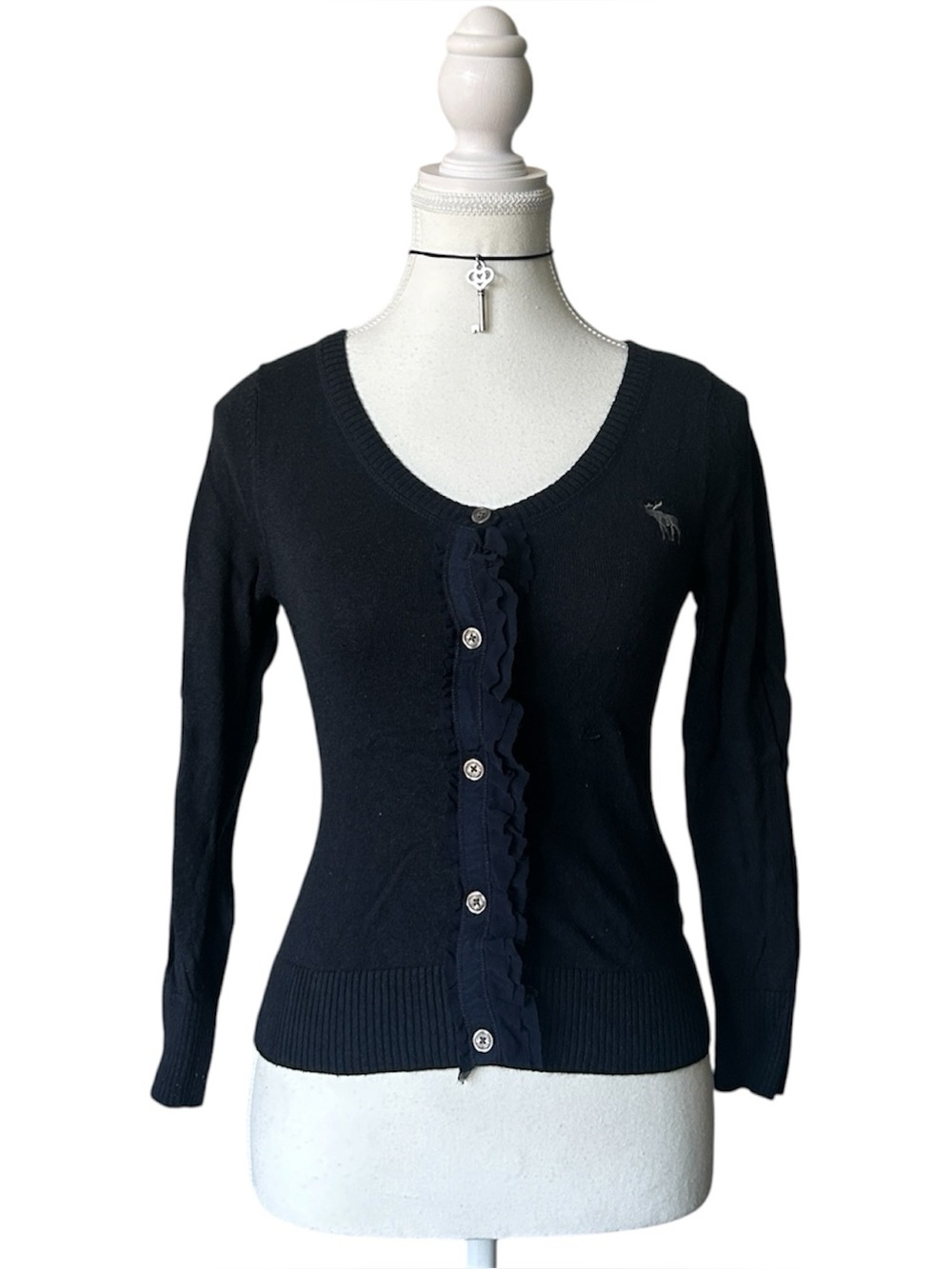 Y2K Coquette “Abercrombie & Fitch” Navy Blue Ruffle Trim Button-up Cardigan